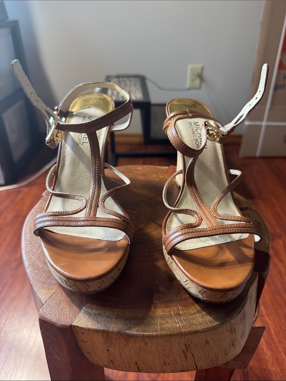 MICHAEL Michael Kors Tan Leather Wedge Sandals with T-Strap